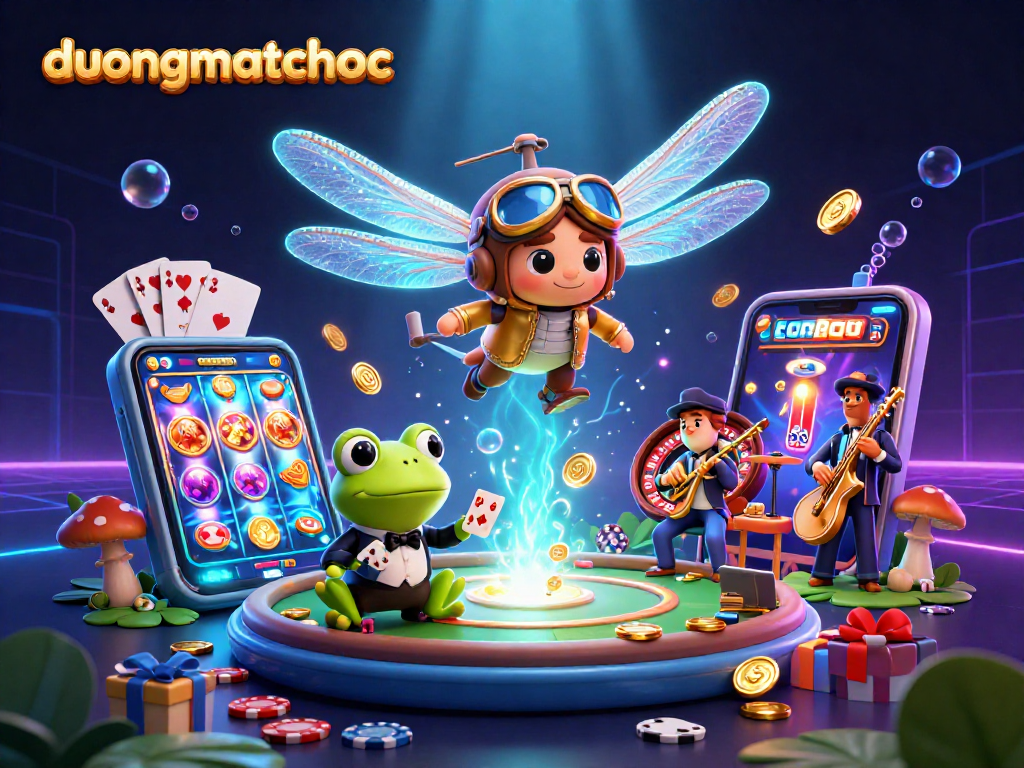 Experience duongmatchuoc's vibrant casino action with a dragonfly pilot and a frog dealer amidst lively jazz.