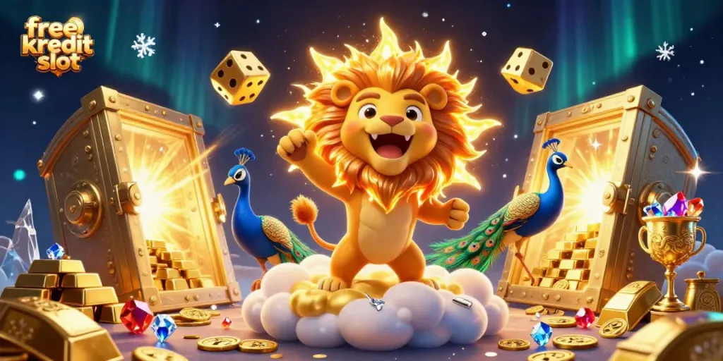 Engage with free kredit slot opportunities at our vibrant online casino, featuring a triumphant lion on a platform of gold.