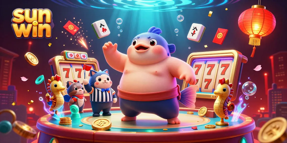 Catch the excitement of sun win with lively underwater casino action featuring a fugu, catfish referee, and vibrant gaming elements.
