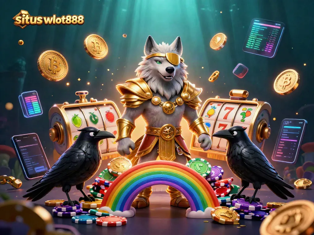 Menangkan pengalaman bermain di situs wslot888 dengan Odin dan burung gagak dikelilingi simbol slot yang semarak.