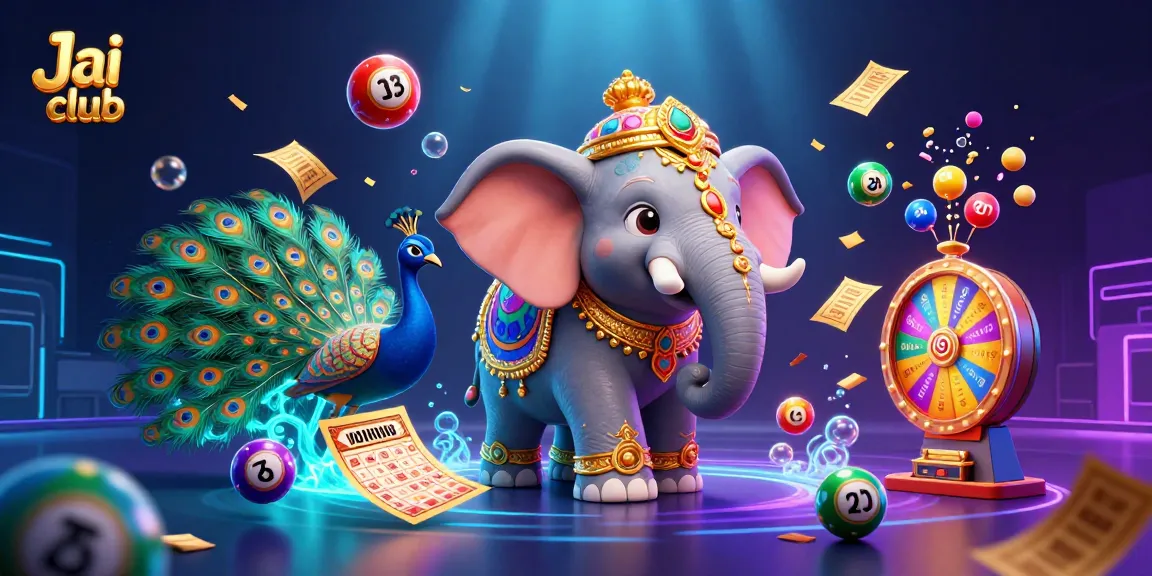 Win exciting prizes on Jai club with colorful lottery elements and vibrant characters in a dynamic casino scene.