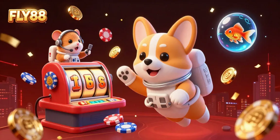 Experience thrilling slots and wins at FLY88, featuring vibrant characters and casino elements in a dynamic scene.