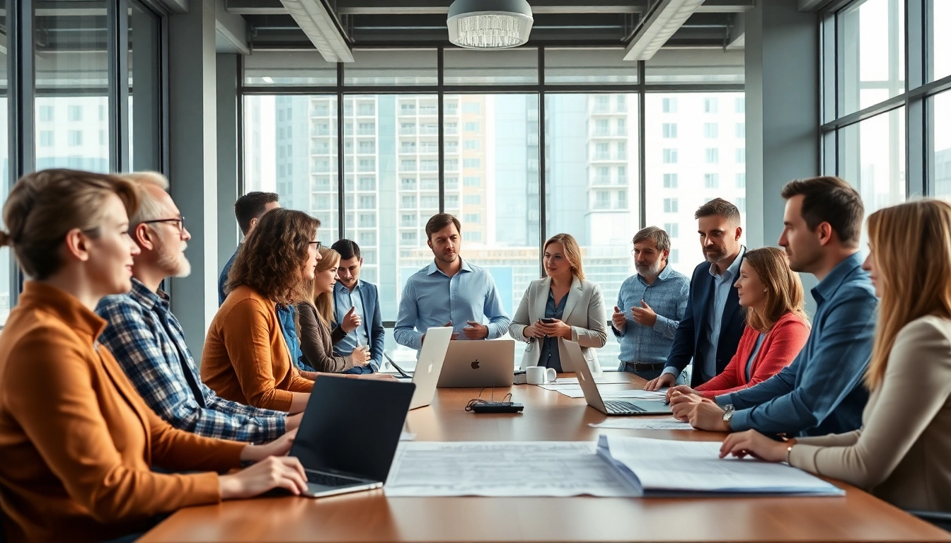 Engaged members of a contractor association Wyoming collaborating in a bright conference room.
