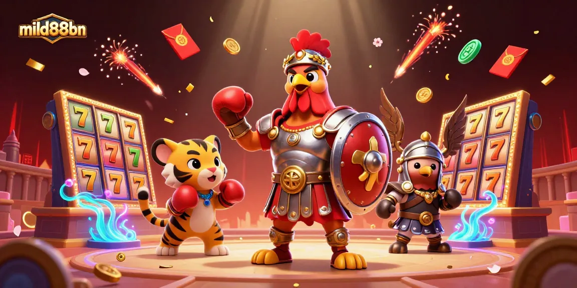mild88bn showcases dynamic slot action featuring a rooster gladiator in vibrant casino imagery