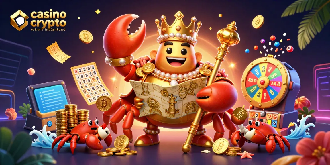 Jouer sur un casino crypto retrait instantané avec une illustration d'un crabe doré et des éléments de jeu.