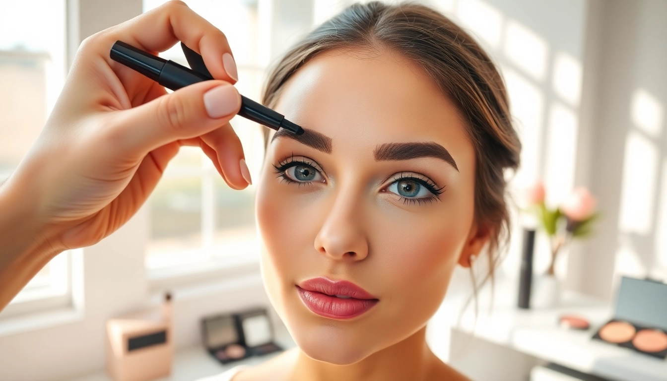 Apply the brow pen skillfully on a model's eyebrows in a bright beauty studio.