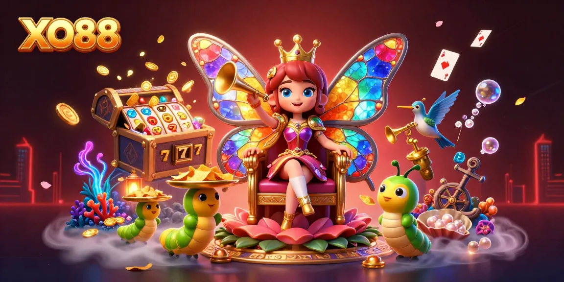 Win big with XO88's vibrant 3D casino scene featuring a butterfly queen and animated slot reels.