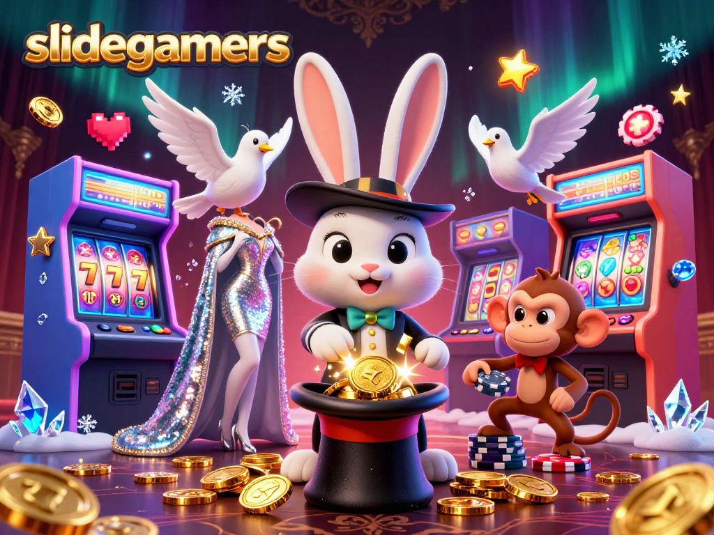 Slidegamers showcases a thrilling 3D scene with a magician rabbit, dove, and monkey amidst vibrant casino elements