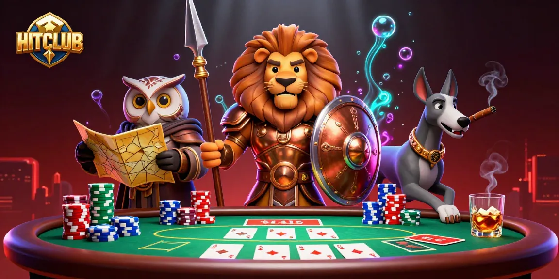 Immerse yourself in HITCLUB’s thrilling poker action as a Spartan lion, owl strategist, and greyhound messenger engage in a vibrant game.