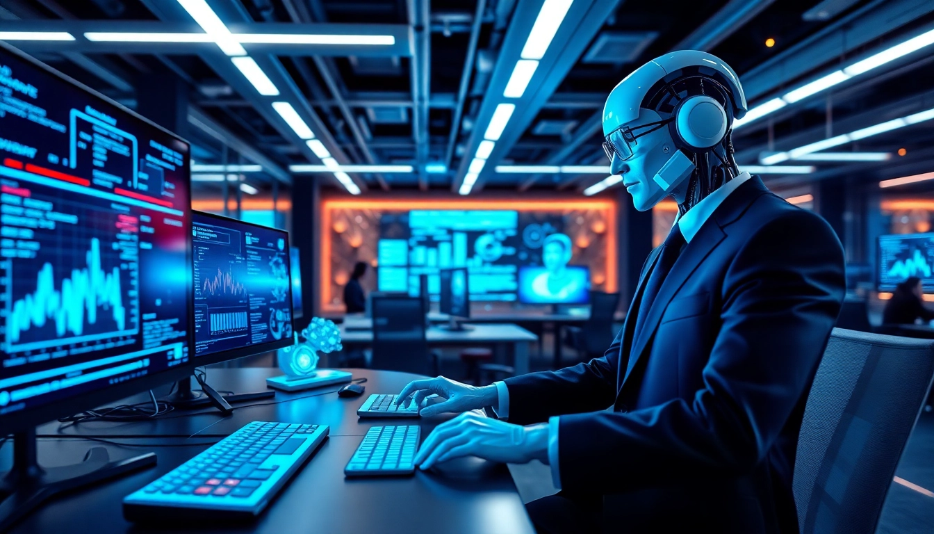AI agents collaborating in a high-tech workspace with dynamic interfaces.