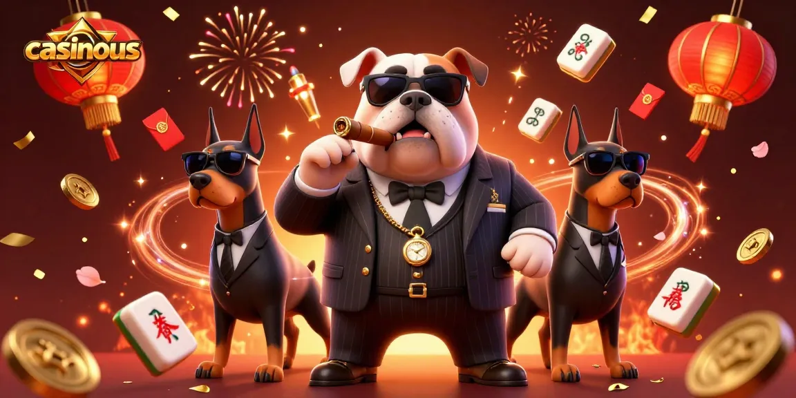 Casinous showcases a vibrant 3D scene with a bulldog mafia boss and Doberman bodyguards celebrating with casino elements.