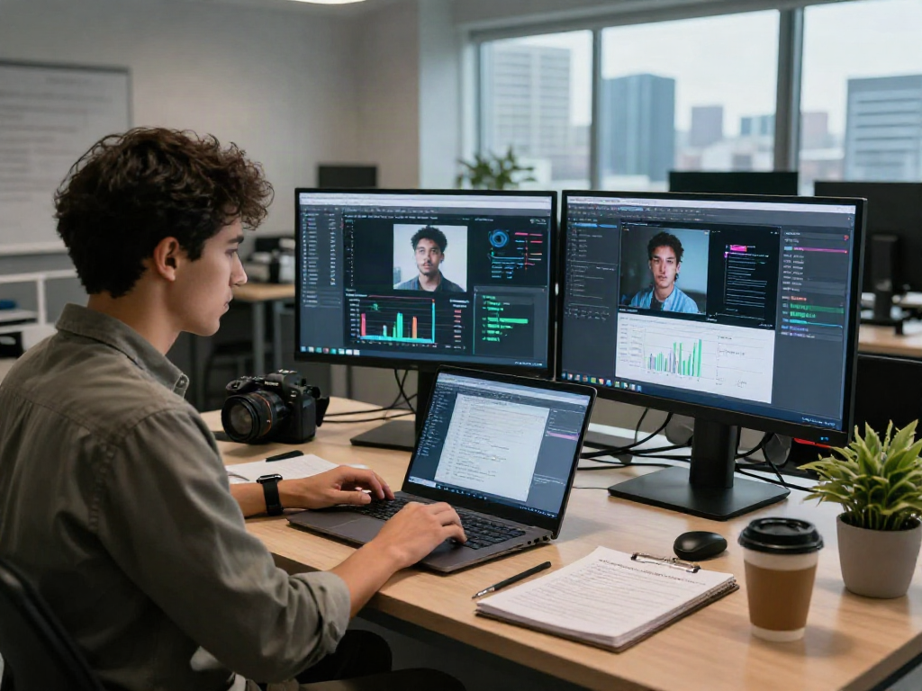 A data analyst conducting AI-Generated Image Detection analysis in a high-tech lab, reviewing images on multiple screens.