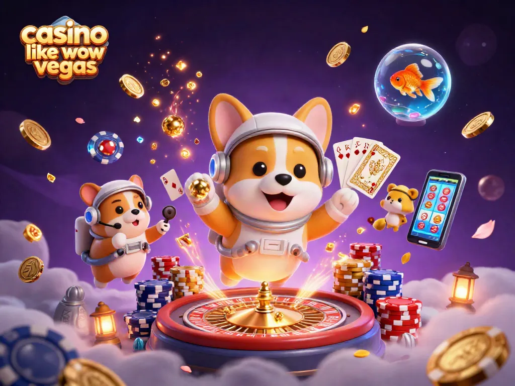 Play at casinos like WOW Vegas with exciting games and big wins in this vibrant, 3D casino illustration.