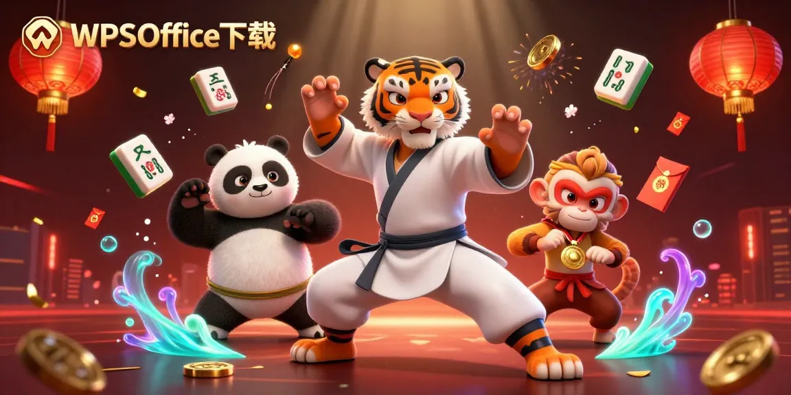 进行下载WPS Office下载的线上赌博活动，虎师傅表演武术，旁边有模仿的熊猫和偷取奖牌的猴子。
