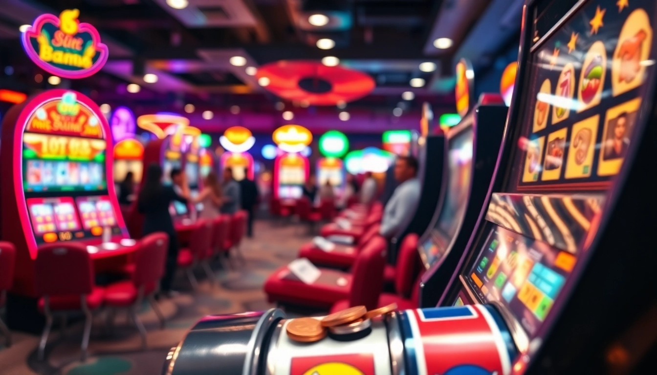 Engaging slot gambling scene featuring colorful machines and excited players.