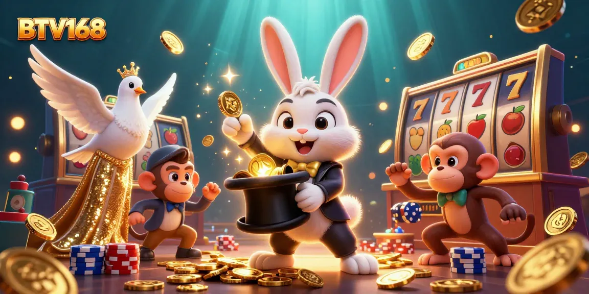 BTV168 enhances the excitement of slot gaming with a magician rabbit, sequined dove, and playful monkey.