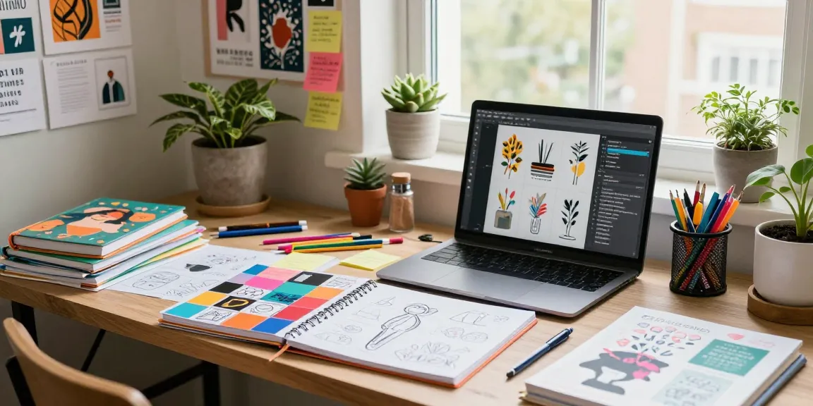 Designer sketching ideas with custom printed notebooks in a vibrant workspace