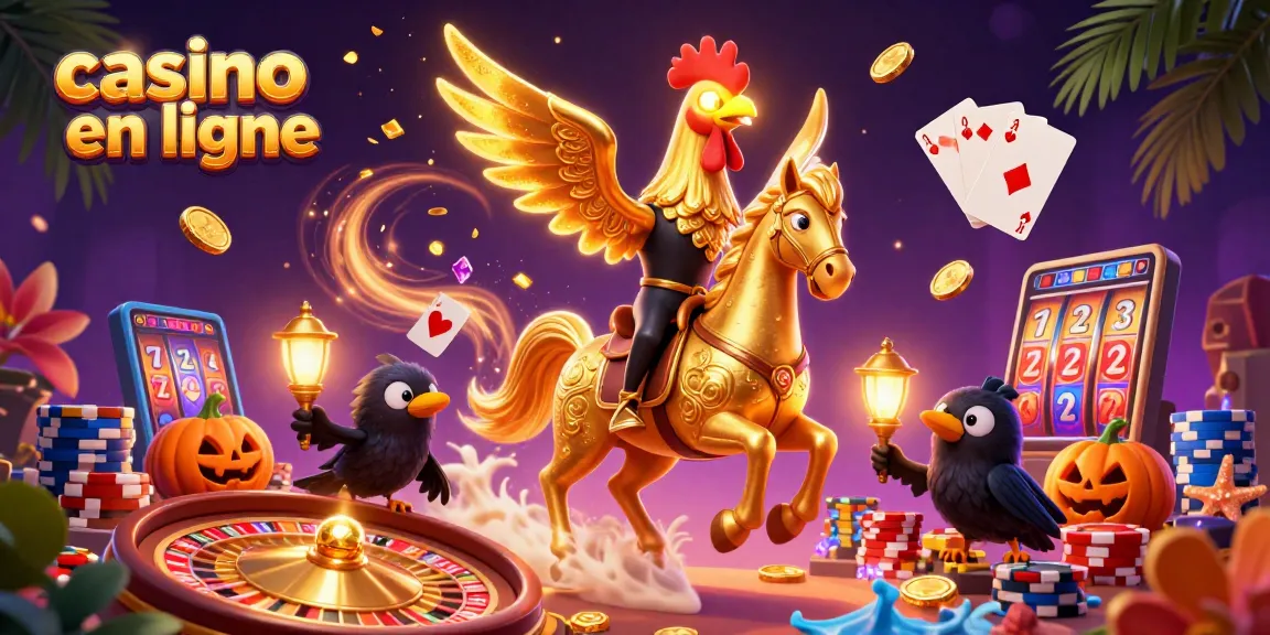 Gagnez avec le casino en ligne : une scène animée de casino remplie de pièces et de jeux.
