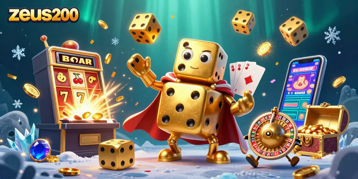 Zeus200 menghadirkan dadu emas raksasa dan mesin slot meledak dengan koin di sekitar.