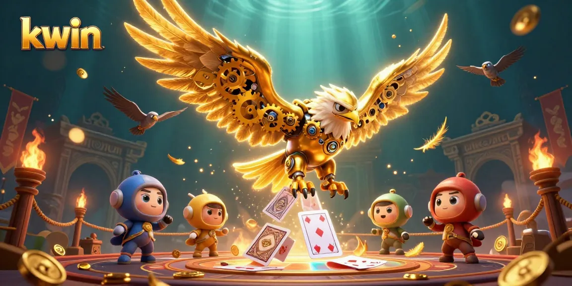 Kwin casino showcases thrilling gameplay with a cybernetic eagle diving through holographic cards.