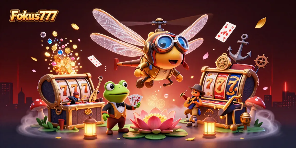 Experience thrilling moments with Fokus777 as a dragonfly brings luck at a vibrant lily pad casino.