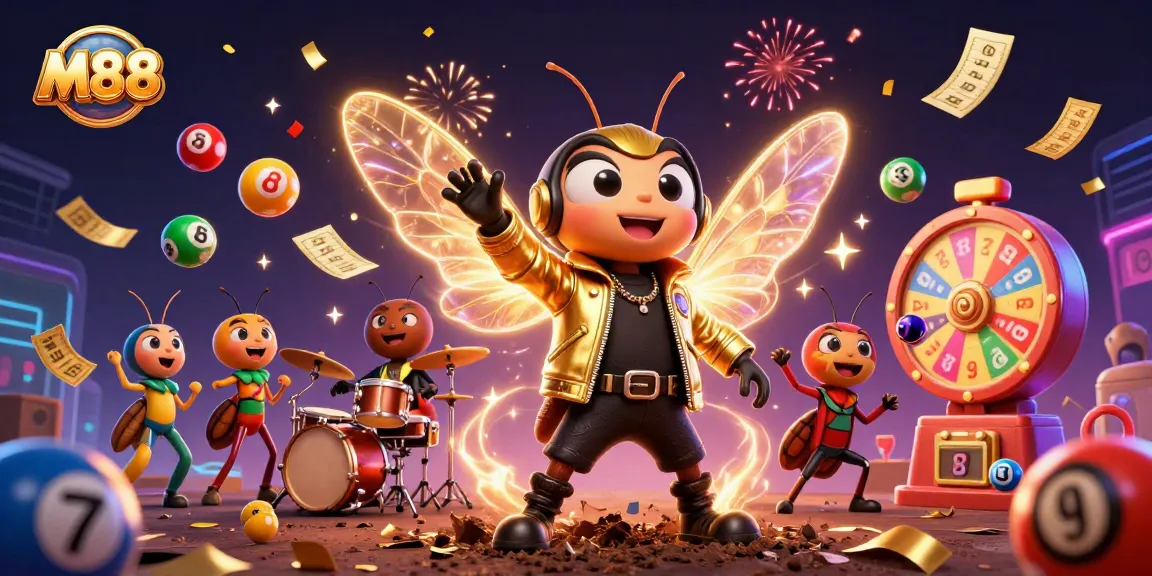 M88 showcases a vibrant casino scene with a cicada rock star, colorful lottery balls, and dynamic casino elements.