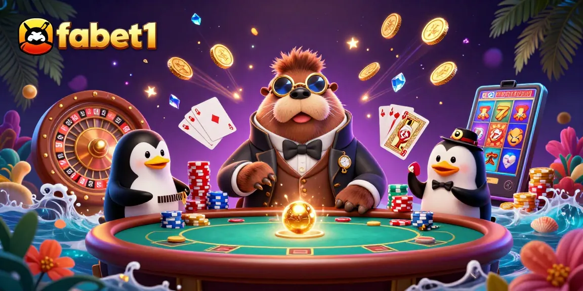 Play poker with fabet1 featuring a walrus in Victorian attire at an underwater casino table.