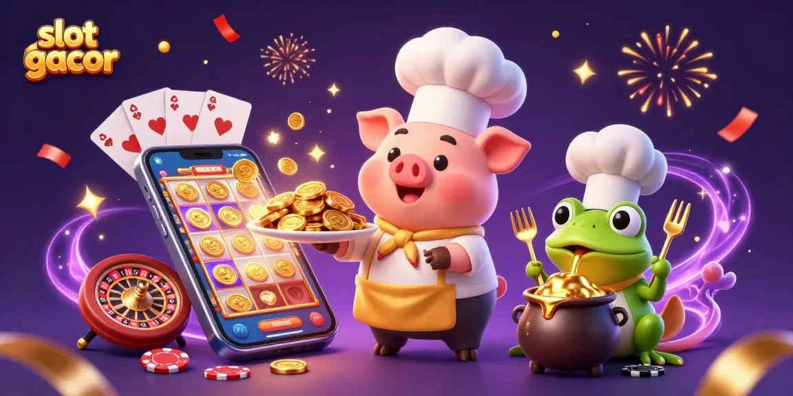 Engage with slot gacor excitement in this dynamic scene of a chef pig, sous-chef mouse, and critic frog amidst gold coins.