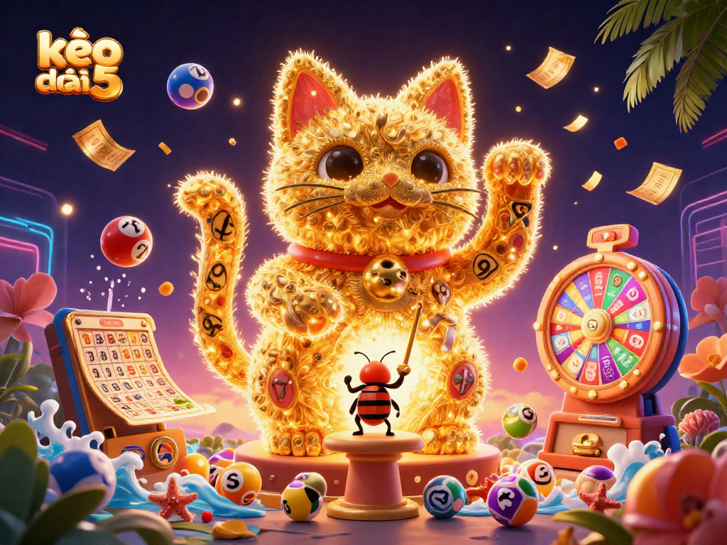 Engage with kèo nhà cái 5 by exploring a vibrant 3D casino scene showcasing lucky symbols.