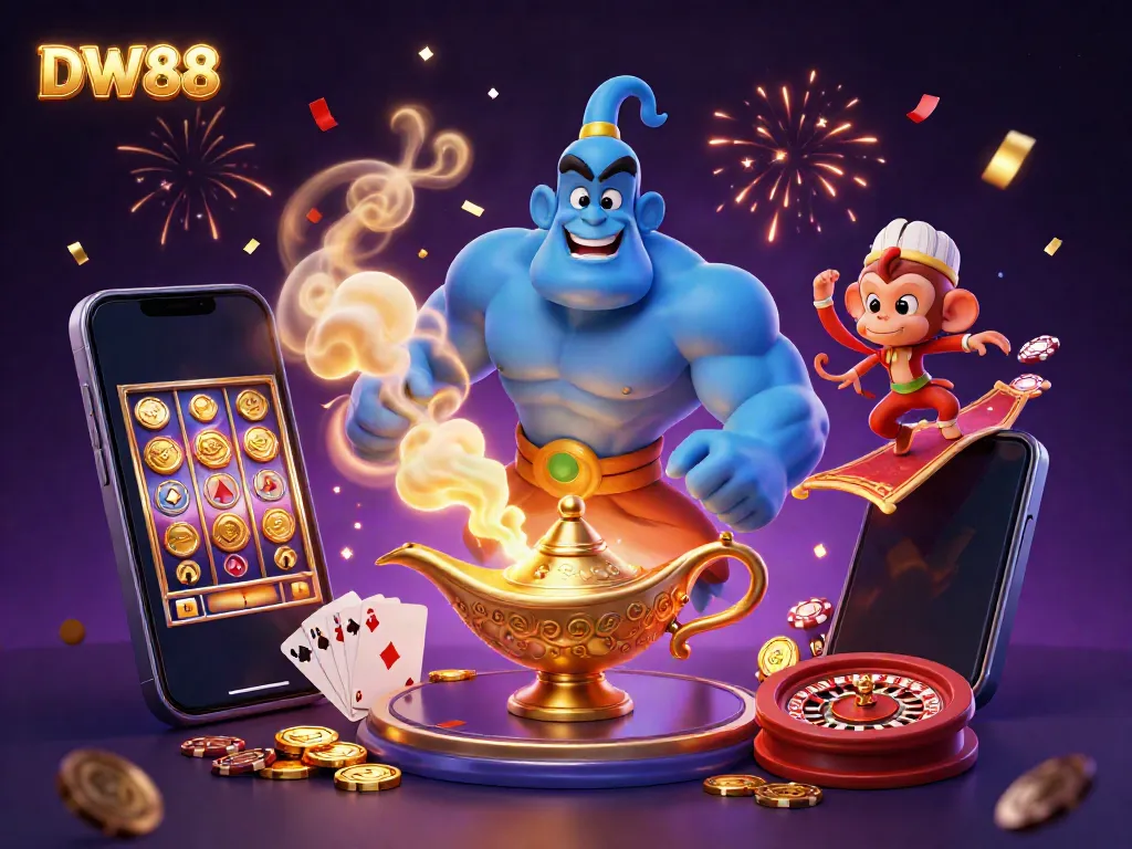 Experience thrilling gameplay at DW88 with a magical genie, poker chips, and colorful slot game elements.