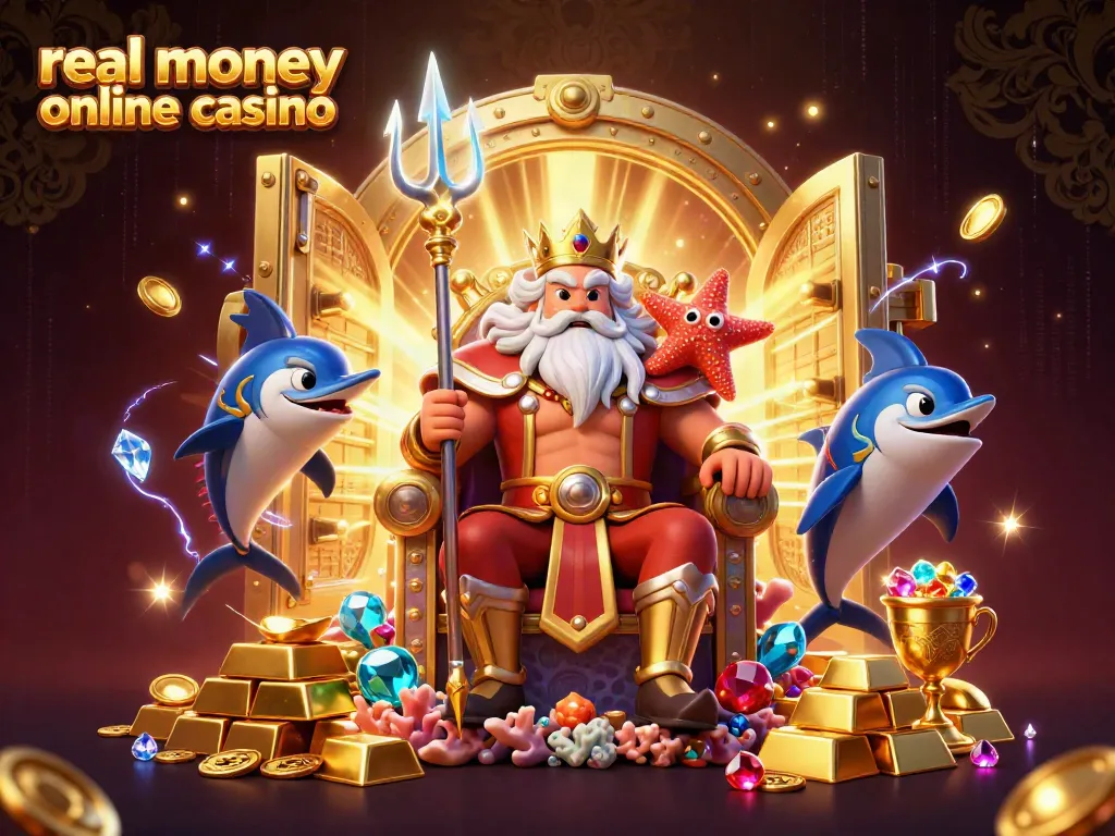 Experience the vibrant world of real money online casino with Neptune and his treasures in this dynamic 3D scene.