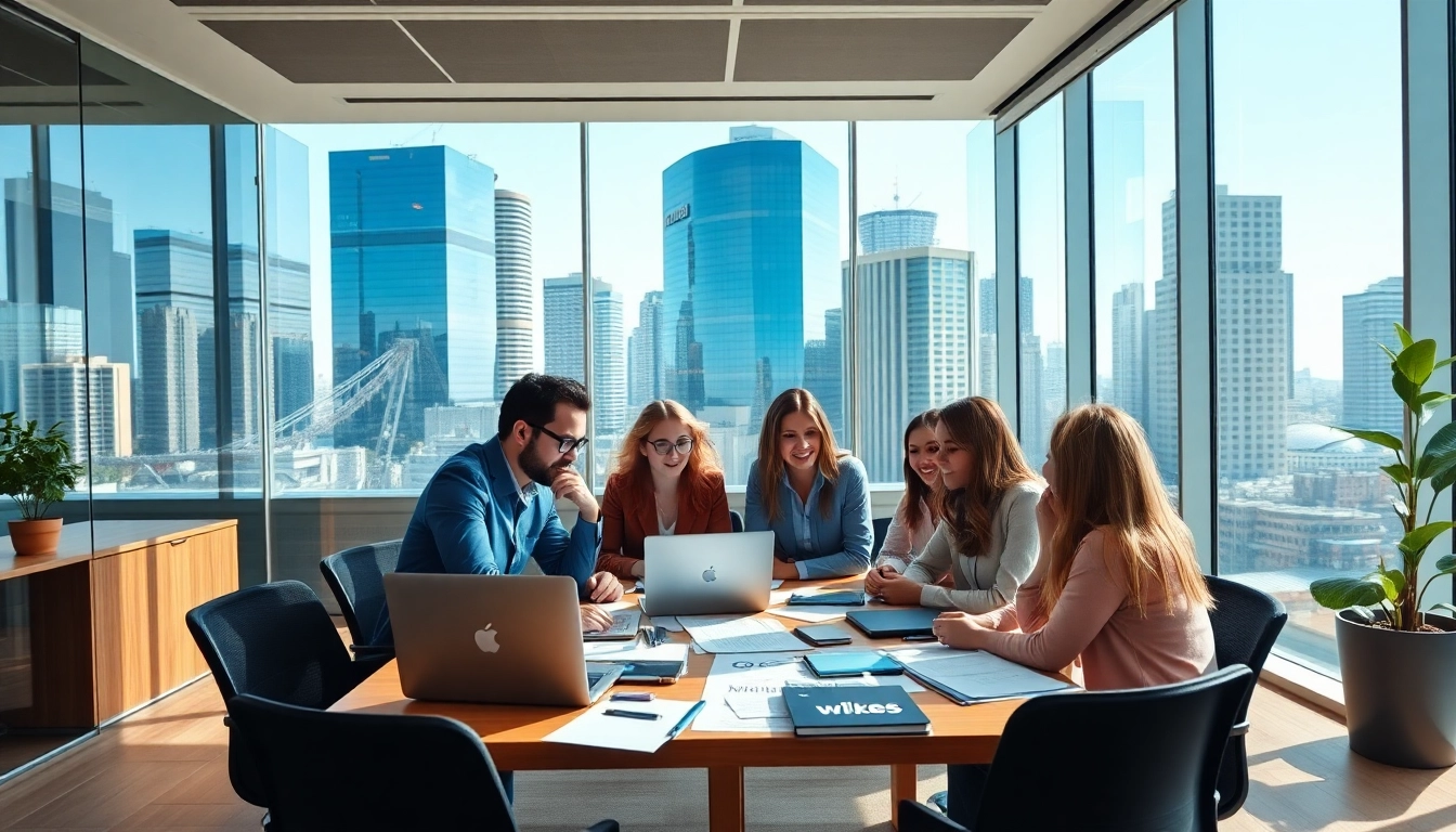PR agency Melbourne team collaborating in a modern office environment with city views.