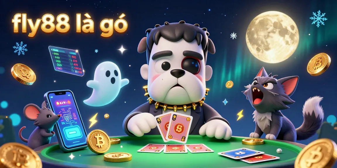 Engage with fly88 là gì, featuring a Frankenstein bulldog monster dealing cards among crypto coins at a vibrant casino.