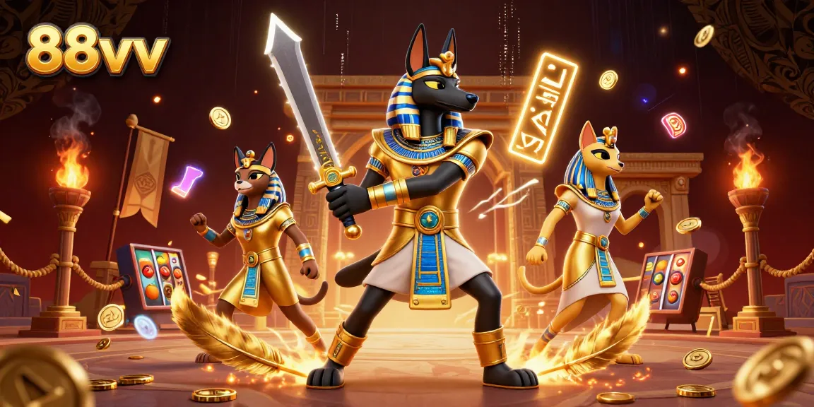 Engage with 88vv's thrilling 3D casino action featuring Anubis, Bastet, and vibrant game elements.