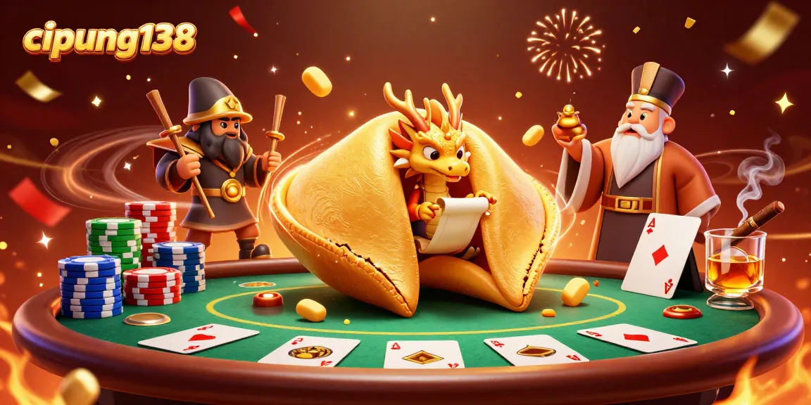 Cipung138 players enjoying a lively poker scene with a dragon and golden fortune cookies.