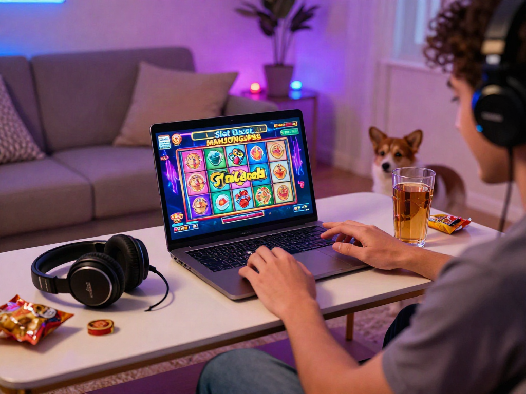 Exciting gaming moment with Slot Gacor MAHJONGJP88 on a digital platform, cozy atmosphere.