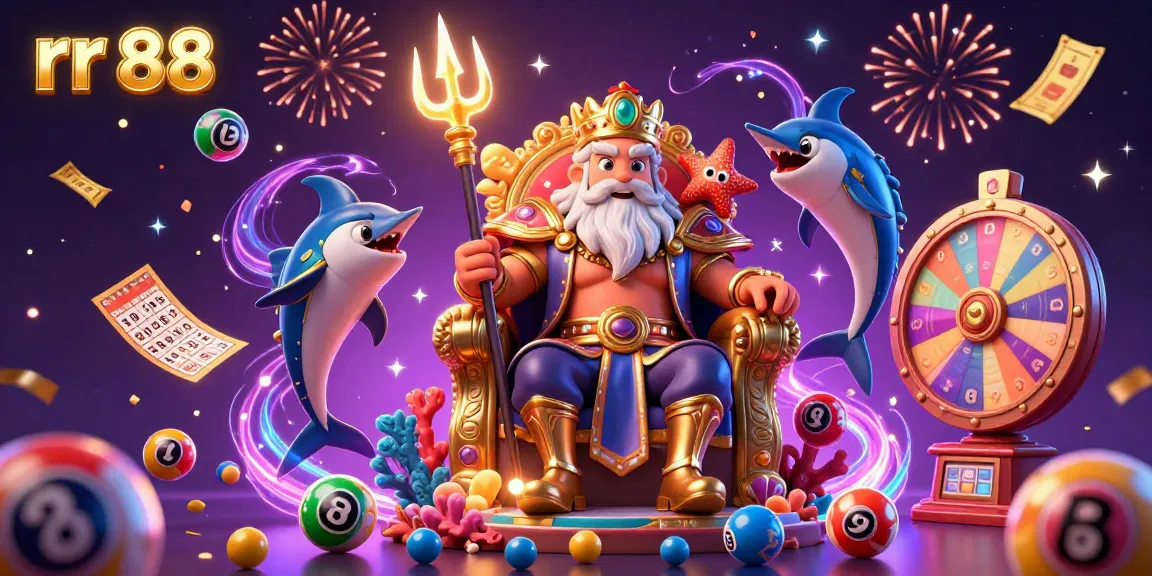 Engage with rr 88 in this vibrant 3D casino illustration featuring King Neptune amidst colorful lottery elements.