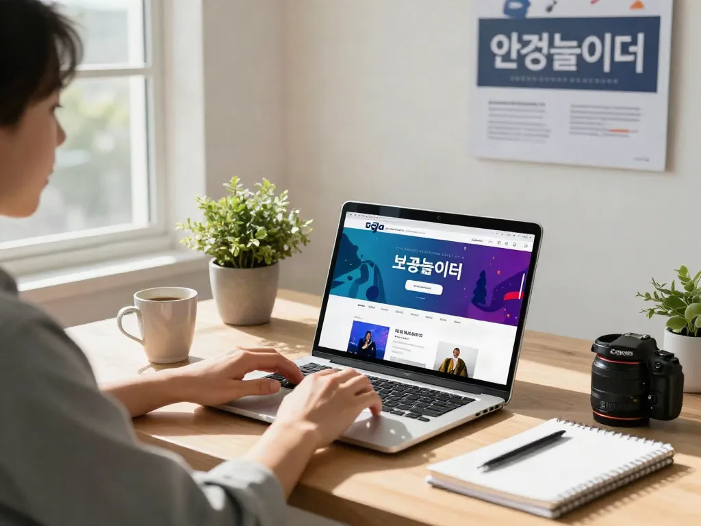 보증놀이터 웹사이트를 탐색하는 사람과 함께 현대적인 사무실 환경을 보여줍니다.