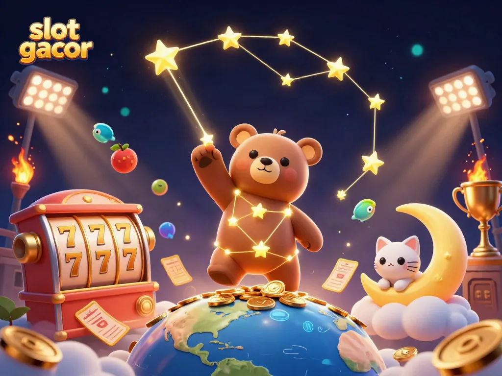 Experience winning with slot gacor as golden coins fall from a constellation bear in a vibrant 3D casino.