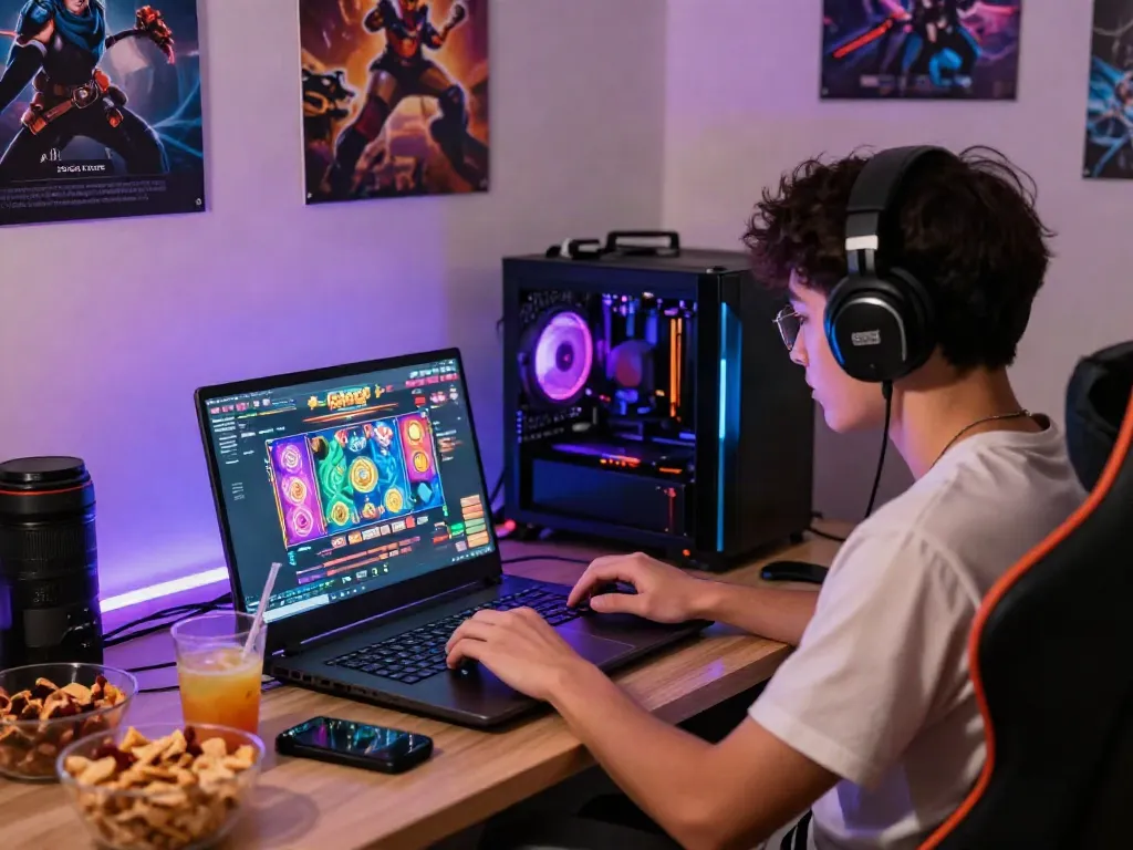 Engaging scene of a player enjoying a slot gacor game on a laptop in a cozy gaming setup.