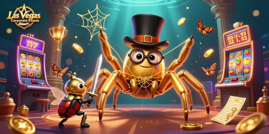 Experience Las Vegas Corporate Events with a vibrant 3D casino scene featuring a giant tarantula and beetle knight.