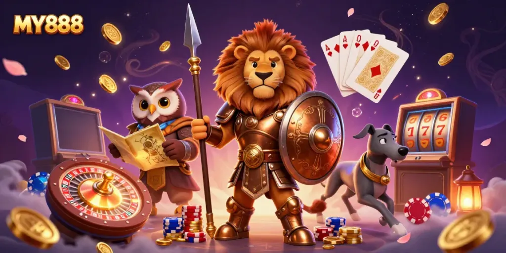Experience the thrill of MY888 casino, featuring a heroic Spartan lion with a tactical owl and greyhound in a vibrant gaming scene.