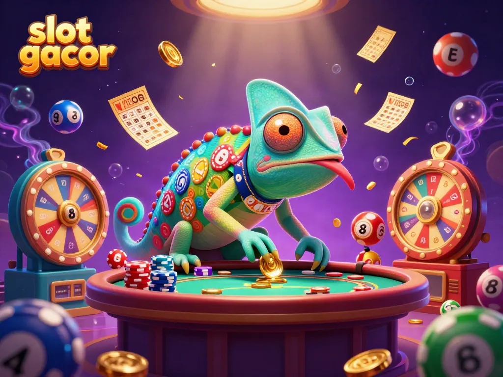 Experience thrilling slot gacor gameplay with a colorful casino scene featuring an animated chameleon and dynamic elements.