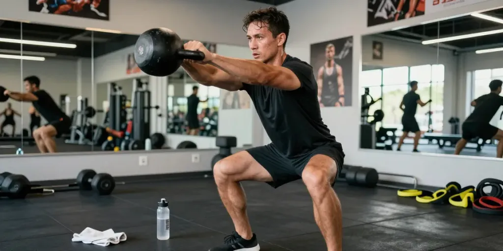 Buy wolverine stack Canada, athletic man exercising with kettlebell in a modern gym setting.
