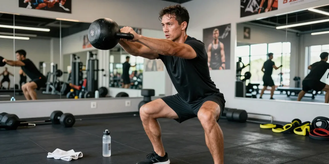 Buy wolverine stack Canada, athletic man exercising with kettlebell in a modern gym setting.