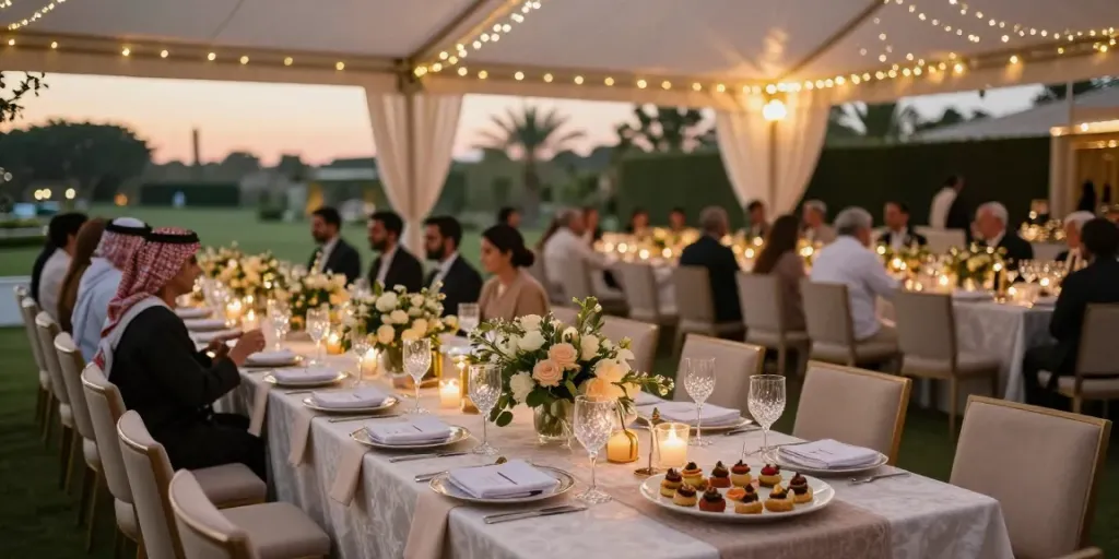 Event rental ksa set up with luxury furniture and elegant décor for a gala.