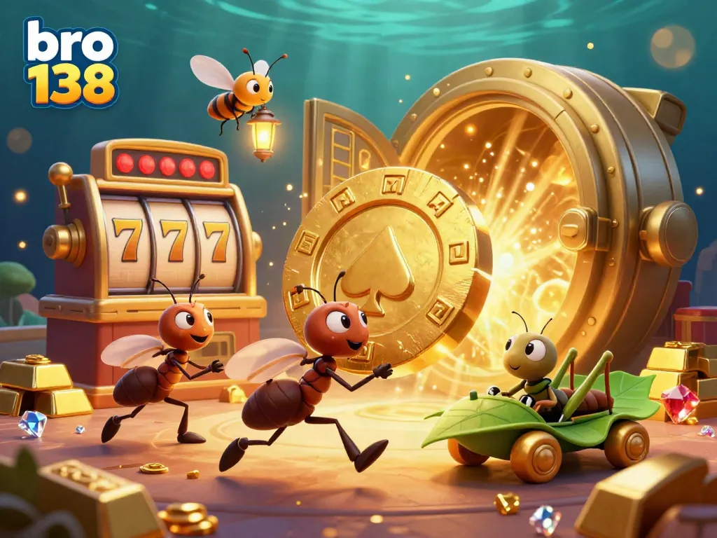 Ants from "bro 138" heist with a giant poker chip amid gold slots and treasures.