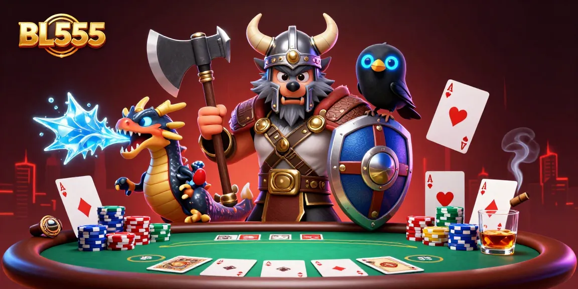 Engage in thrilling card battles at BL555 with a Viking warrior, a fierce dragon, and vibrant poker elements.