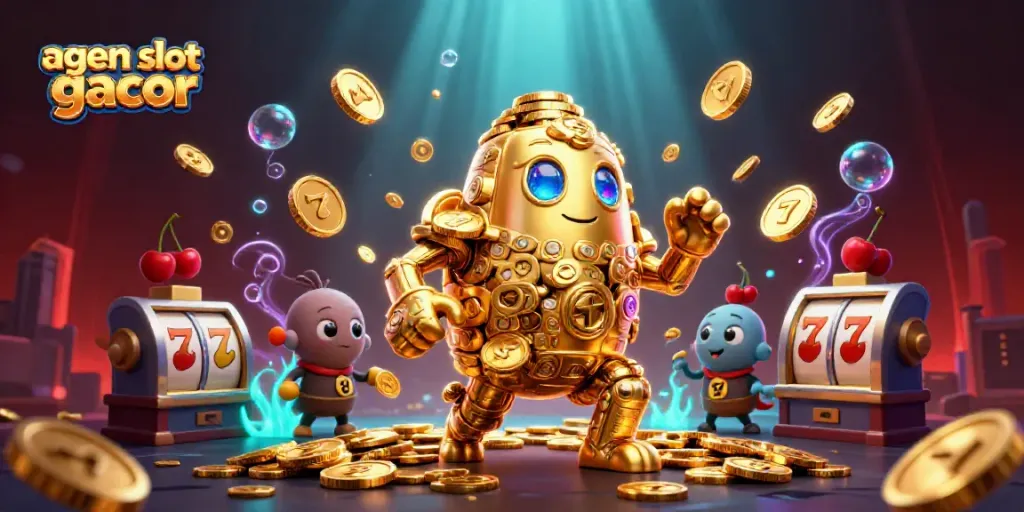 Engage with agen slot gacor in a dynamic 3D scene featuring a golden golem and vibrant casino elements.