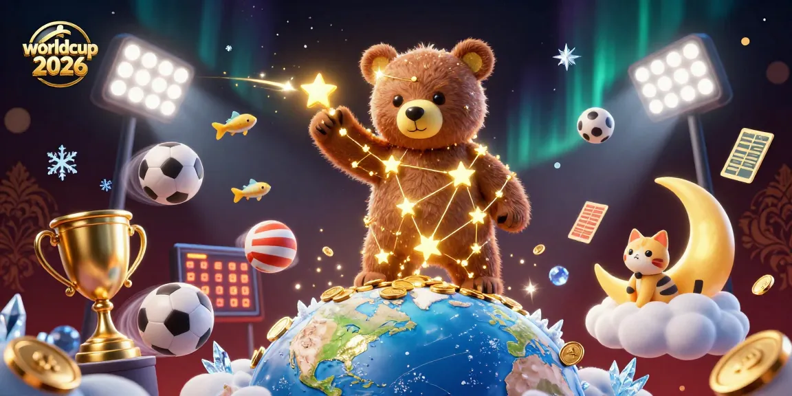 Engage with worldcup 2026 excitement, as the cosmic bear collects coins while vibrant sports elements surround them.
